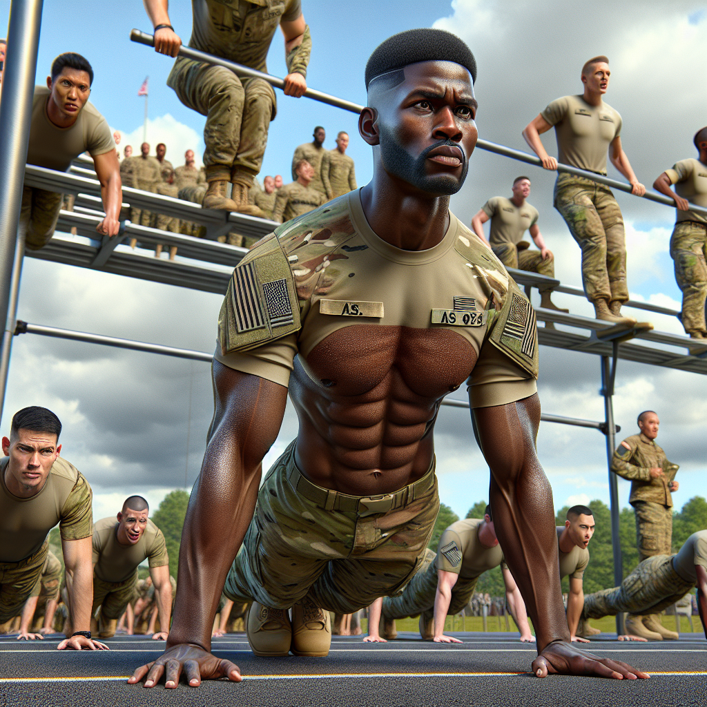 Realistic depiction of soldiers performing an army physical fitness test outdoors.