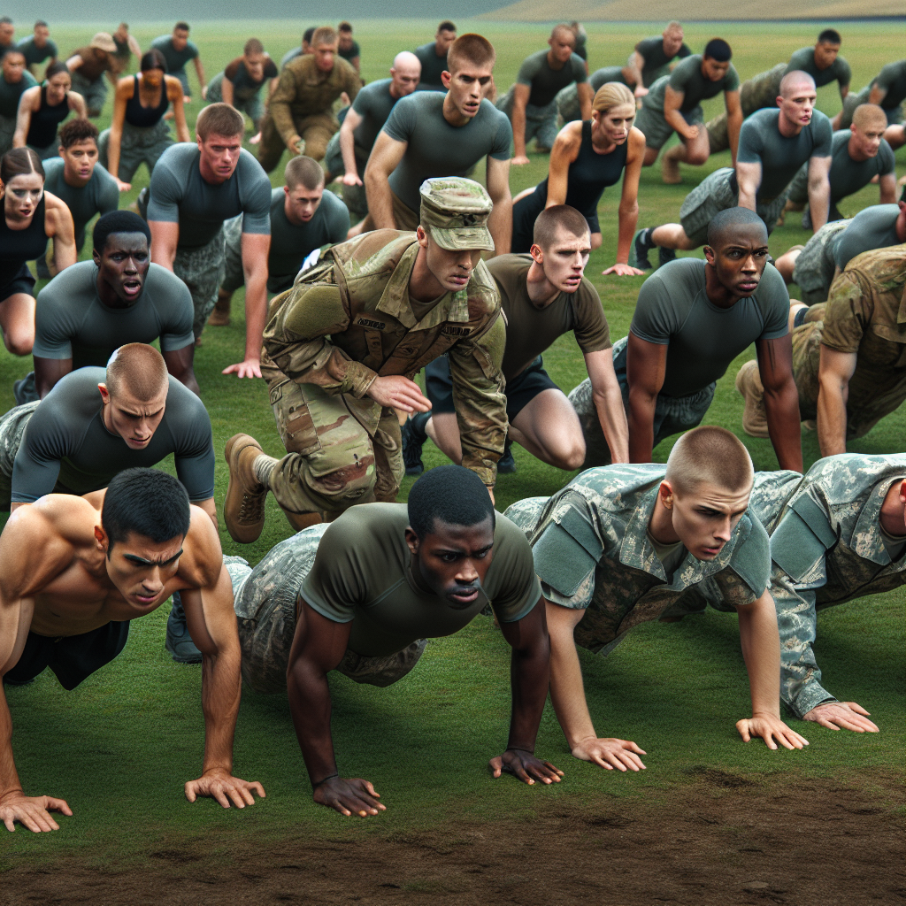 A realistic depiction of soldiers undergoing an army physical fitness test in an open field.