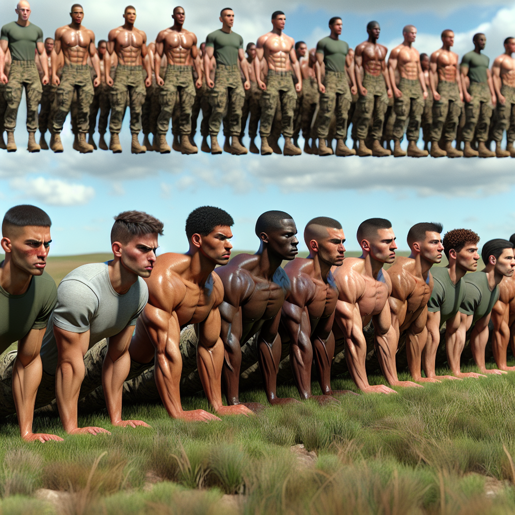 An army physical fitness test with soldiers performing exercises on a training ground.