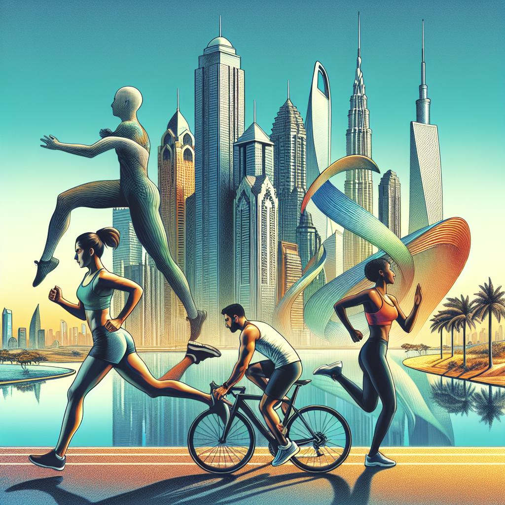 Participants of the Dubai Fitness Challenge exercising near famous landmarks in Dubai.