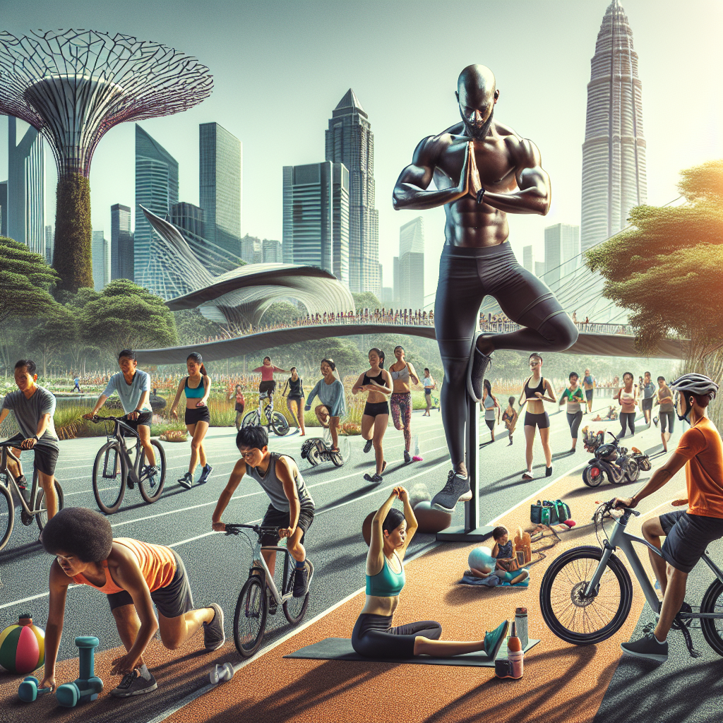 A realistic depiction of the Dubai Fitness Challenge with various fitness activities and iconic landmarks in the background.