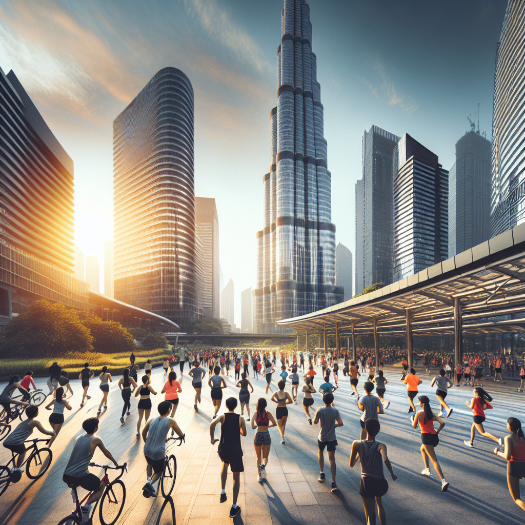Dubai Fitness Challenge with the city's skyline and people participating in fitness activities.