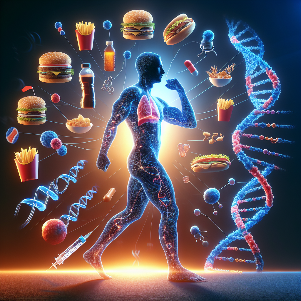 A realistic illustration of insulin resistance with a tired human silhouette, unhealthy food, DNA strands, and insulin molecules.