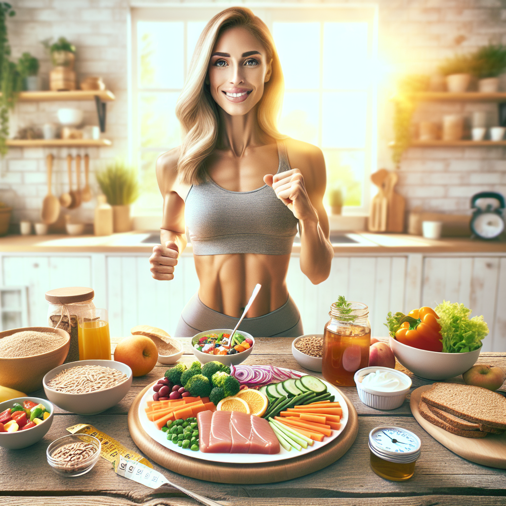 A balanced meal on a table with colorful vegetables, lean protein, and whole grains with a person showing vitality, set in a bright kitchen.