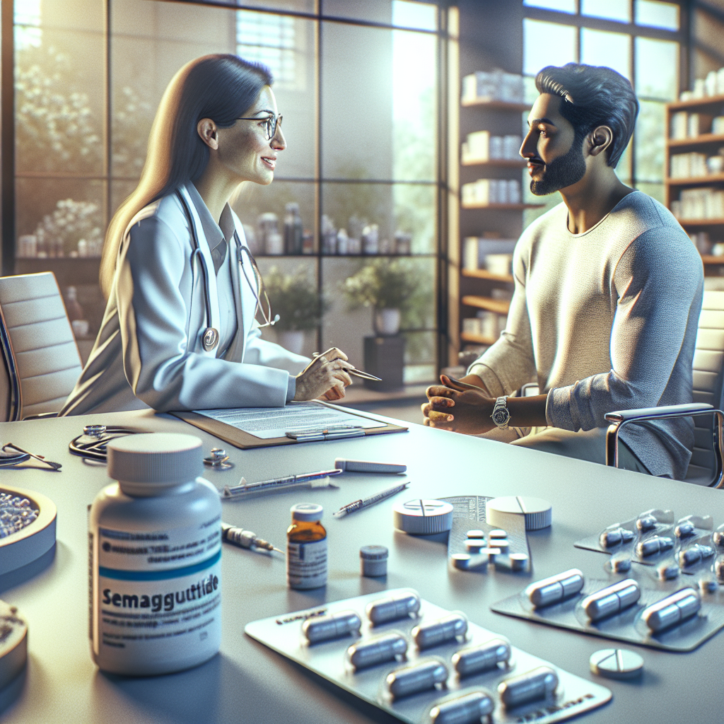 A modern medical clinic scene with a doctor discussing appetite control medication with a patient.