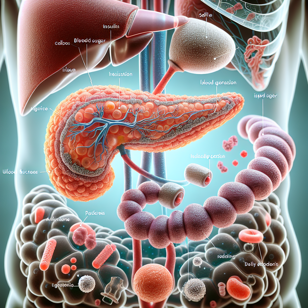 A realistic image illustrating insulin resistance, with a diagram of the pancreas and cellular processes related to insulin and blood sugar regulation.