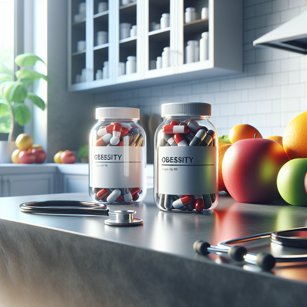 Image of obesity medication bottles with fruits and a stethoscope on a kitchen countertop.