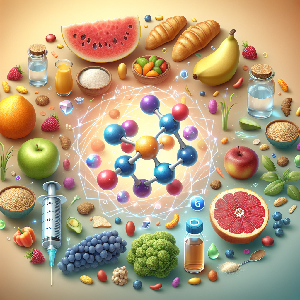 Illustration of balanced blood sugar with glucose molecule, healthy foods, pancreas, and insulin symbol.