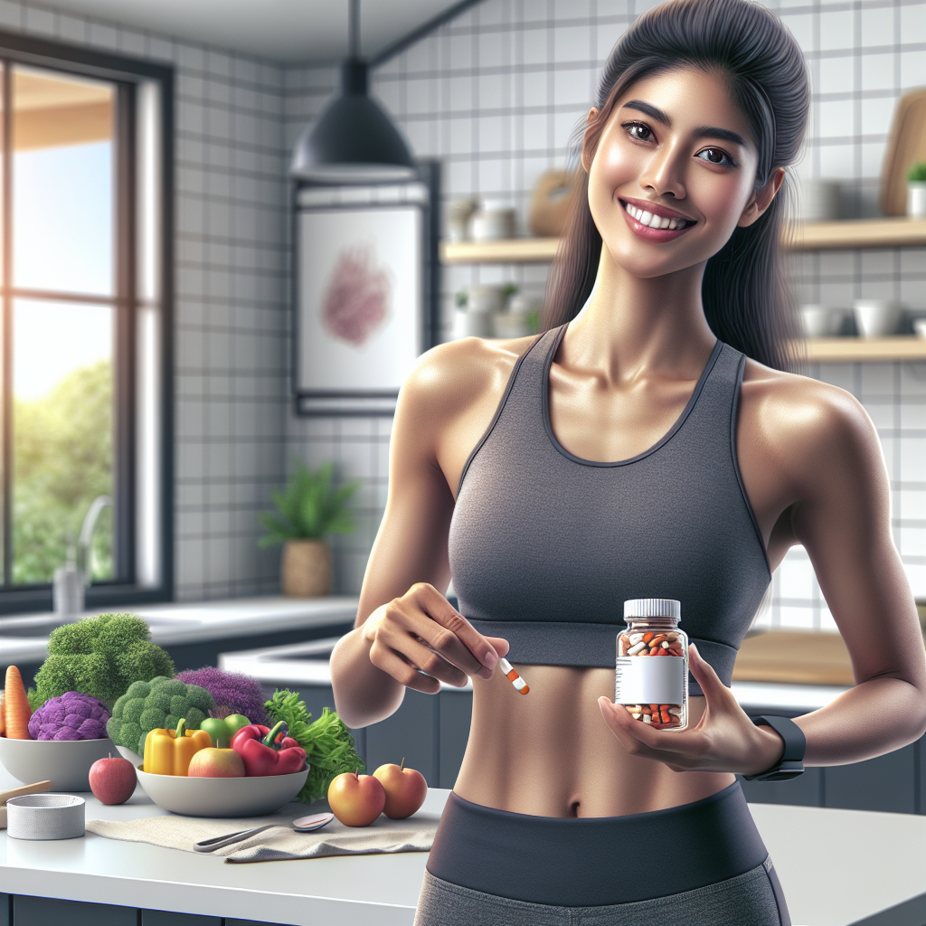 A fit woman in a modern kitchen holding a medication bottle, surrounded by healthy foods.