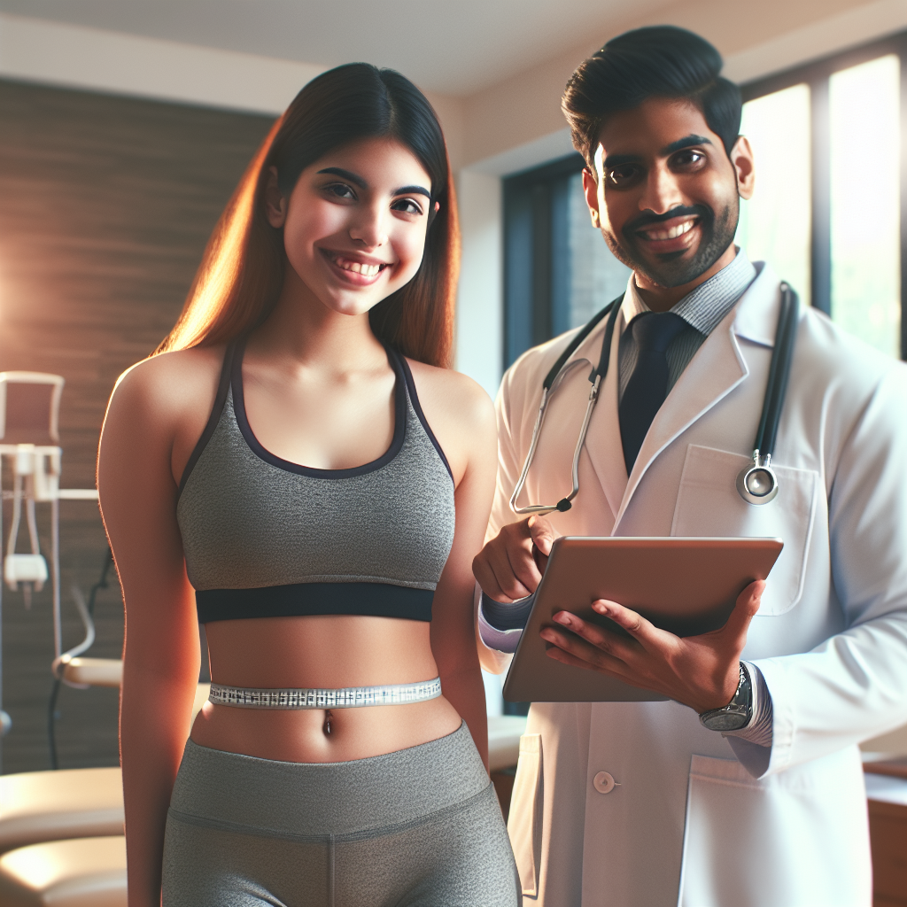 A young woman and a doctor discussing a personalized weight loss plan in a bright, professional setting.