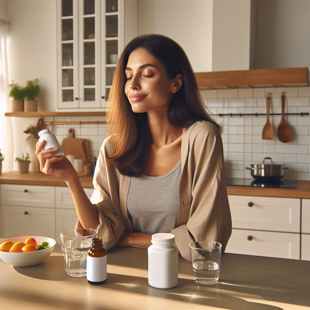 A woman holding medication, standing in a modern kitchen, feeling content and healthy.