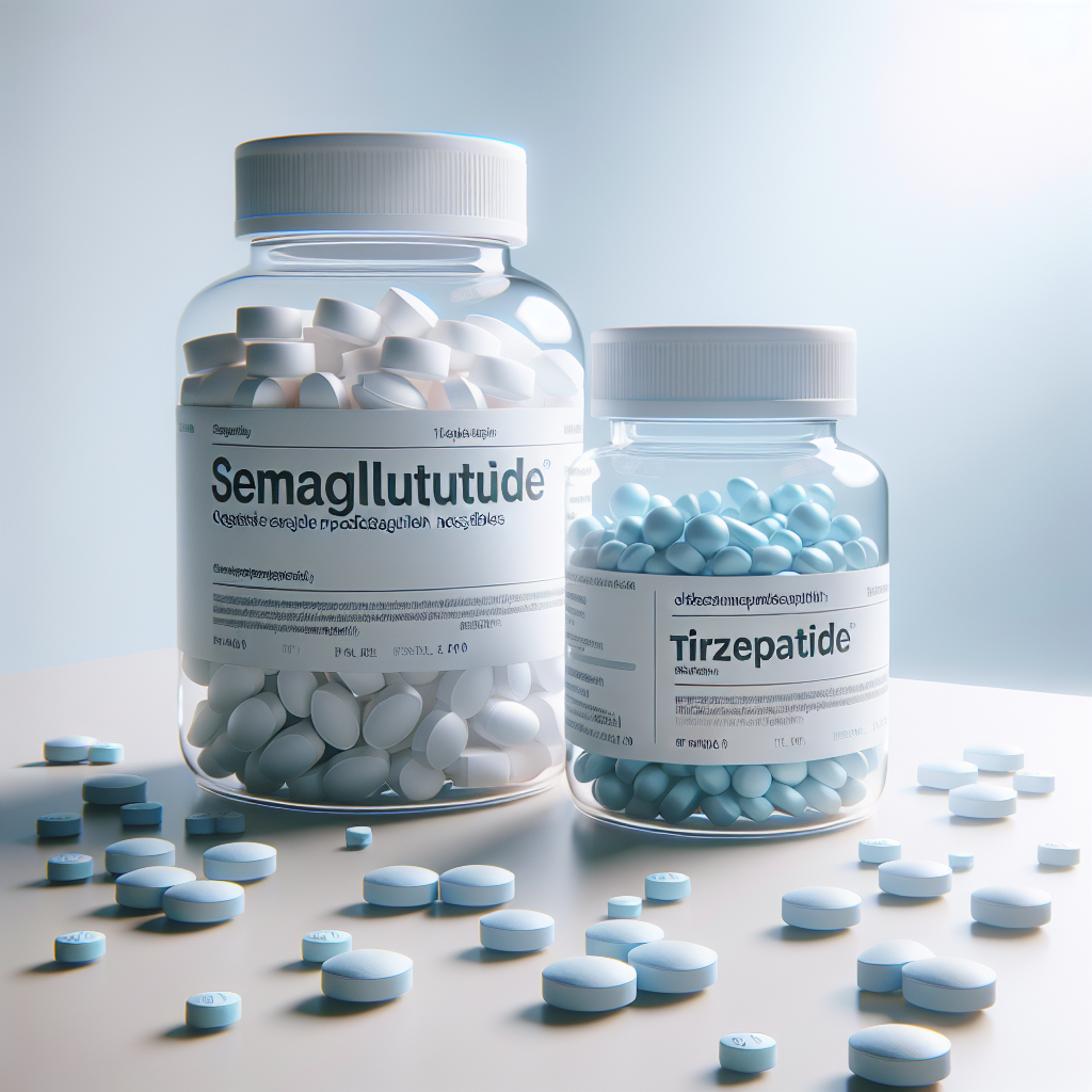 Depiction of obesity medication options with pill bottles and pills labeled 'Semaglutide' and 'Tirzepatide' on a white background.