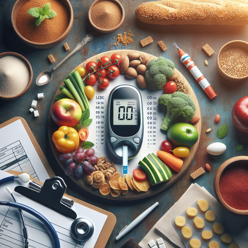 An image showing healthy foods and a glucose meter symbolizing blood sugar control for weight loss.