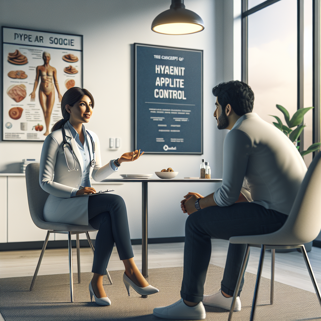 Doctor explaining appetite control medication to an attentive patient in a modern office.