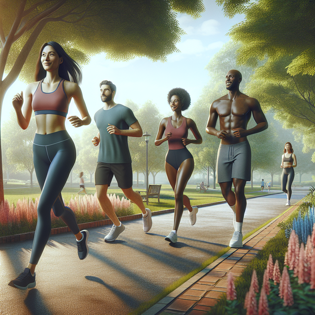 A diverse group of people walking or jogging in a scenic park, emphasizing health and wellness.