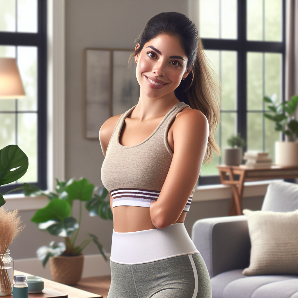 A woman in a serene, modern living room, looking content and energetic after using hormonal weight loss solutions.