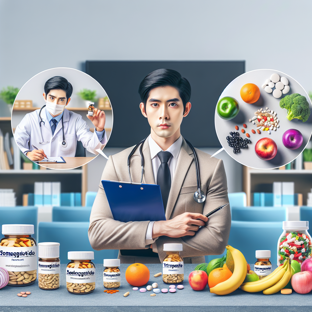 Realistic image of a doctor with medication for appetite control, surrounded by healthy food in a medical office setting.