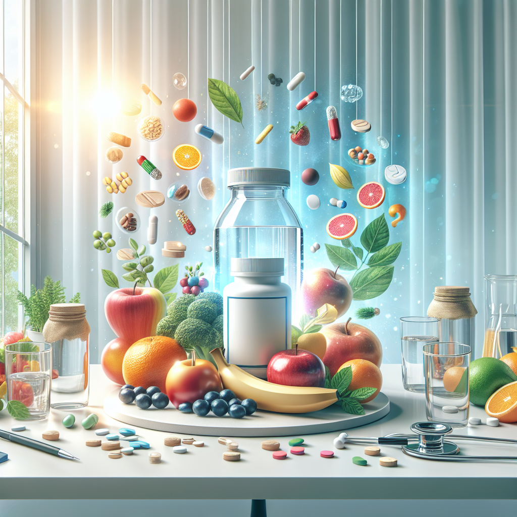 A realistic depiction of hormonal weight loss solutions with fruits, vegetables, water, and a medicine bottle.