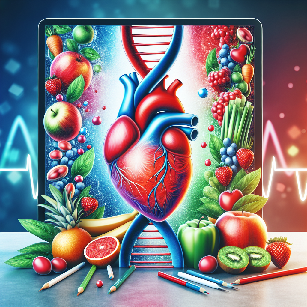 A realistic image symbolizing cardiometabolic health with a heart, a DNA helix, and healthy foods.