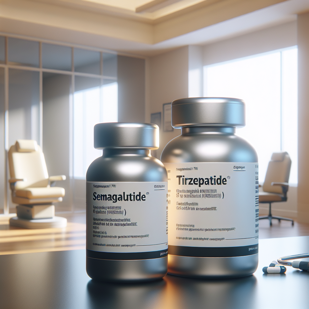 Realistic image of medication bottles labeled Semaglutide and Tirzepatide in a doctor's office.