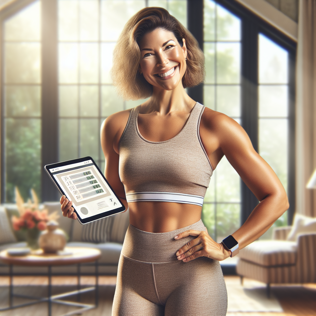 A fit woman holding a tablet displaying a personalized weight loss plan in a cozy living room.