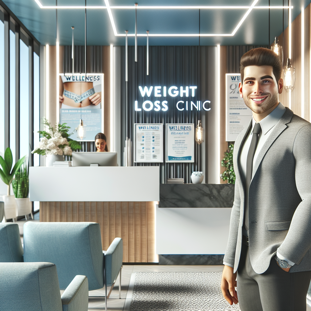 Modern weight loss clinic reception area with friendly receptionist and contemporary decor.