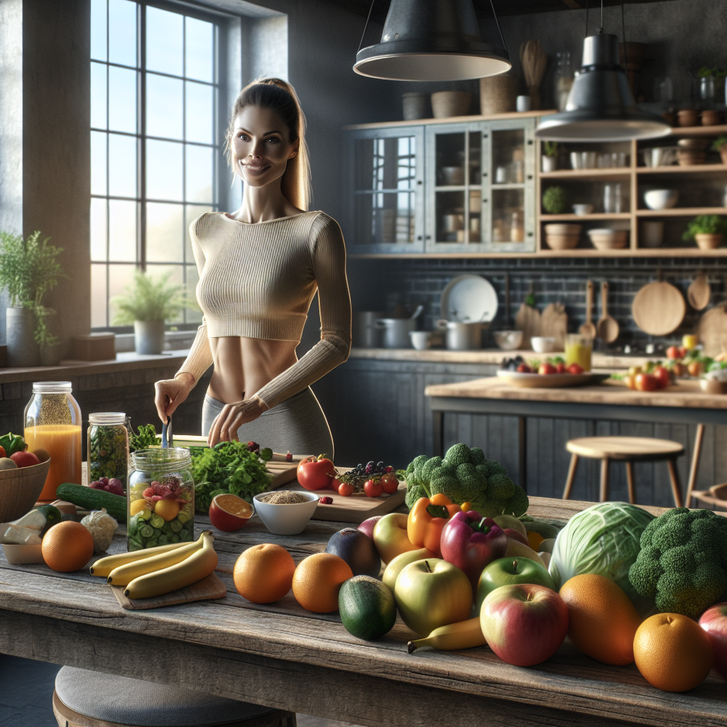 A woman preparing a healthy meal in a modern, cozy kitchen with fresh vegetables and fruits on the counter.