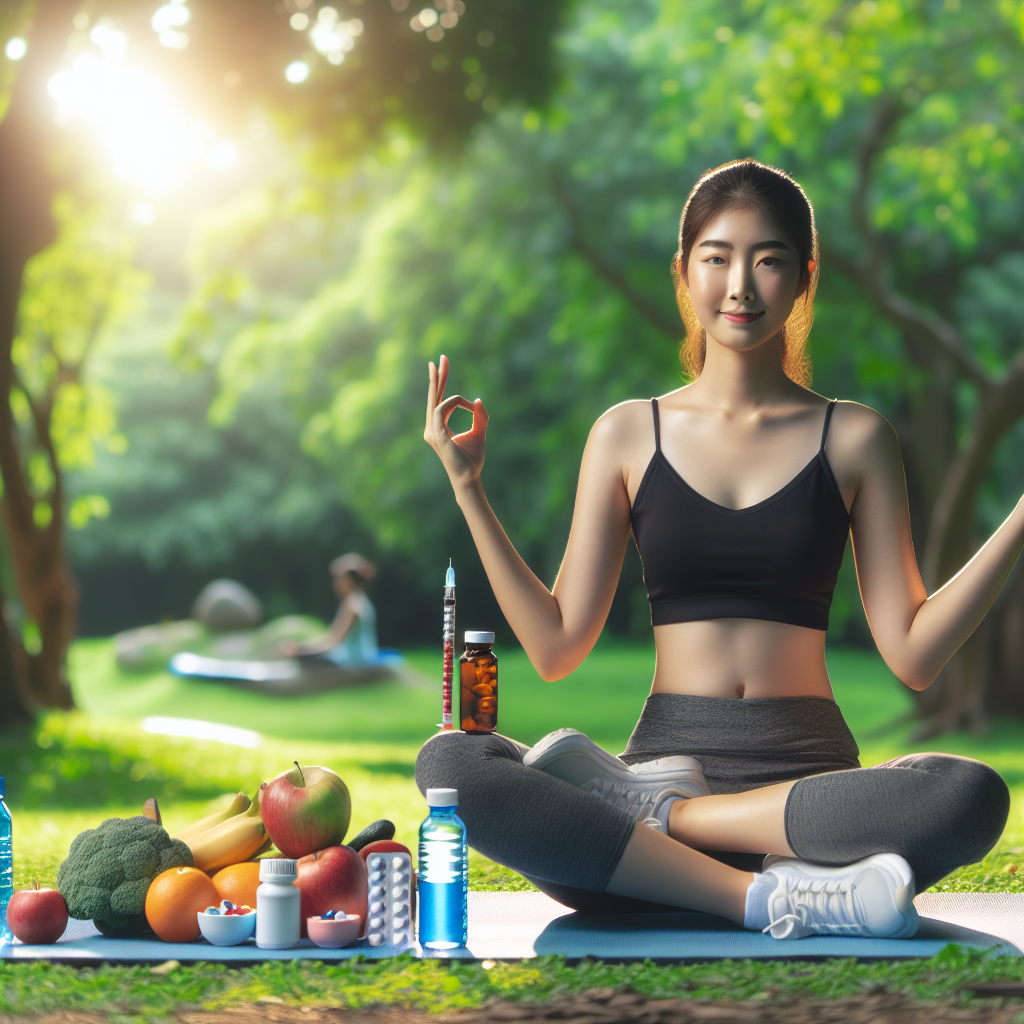 A person focusing on wellness in a serene environment with exercise and healthy lifestyle symbols.