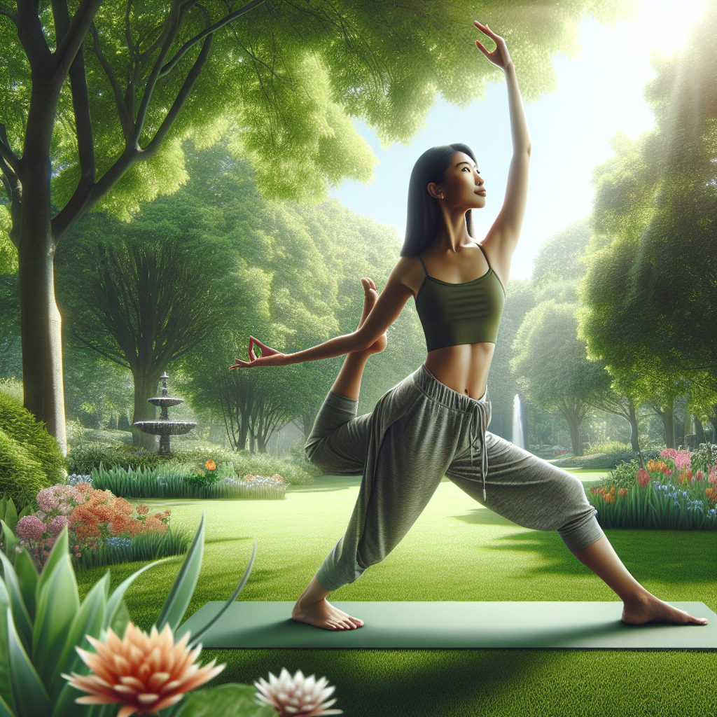 A person practicing yoga in a lush, green park, promoting a balanced and healthy lifestyle.