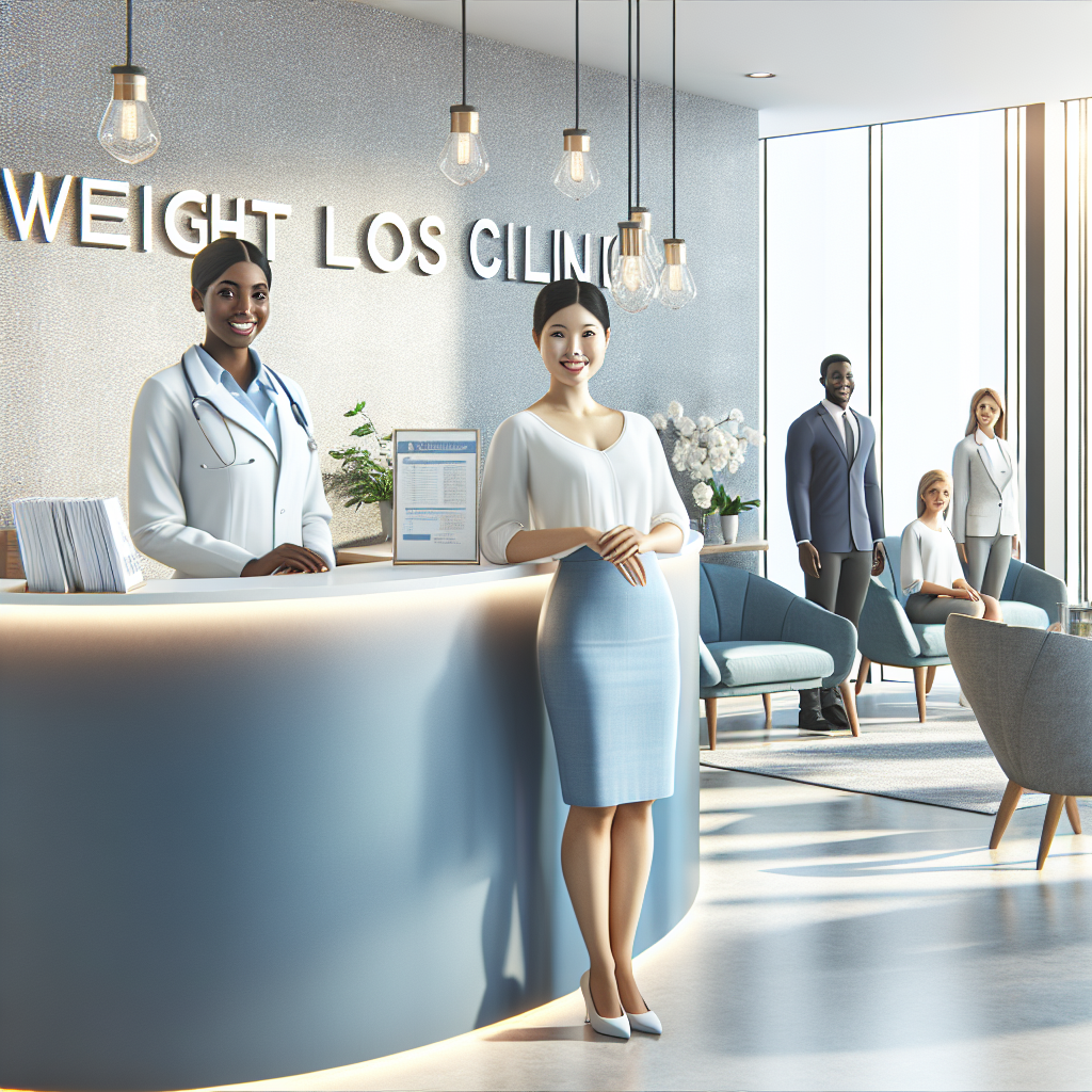 A modern weight loss clinic reception area with medical staff and a sleek, welcoming design.