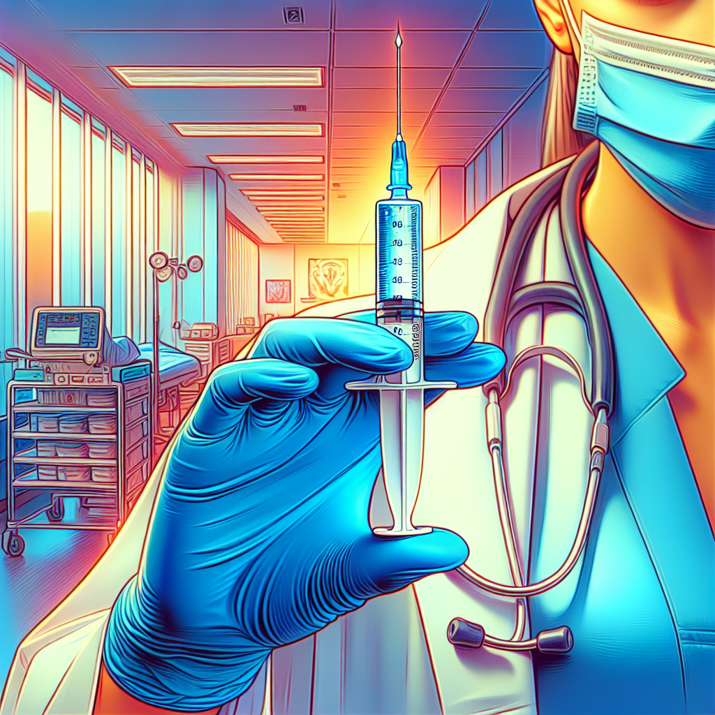 A realistic image of a doctor's gloved hand holding a syringe in a clean medical clinic.