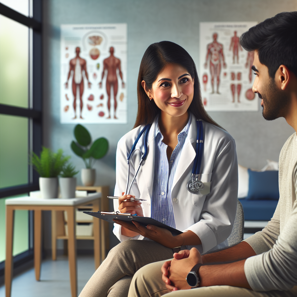 A doctor in a clinic room talking warmly with a smiling patient, symbolizing patient-centered weight loss care.