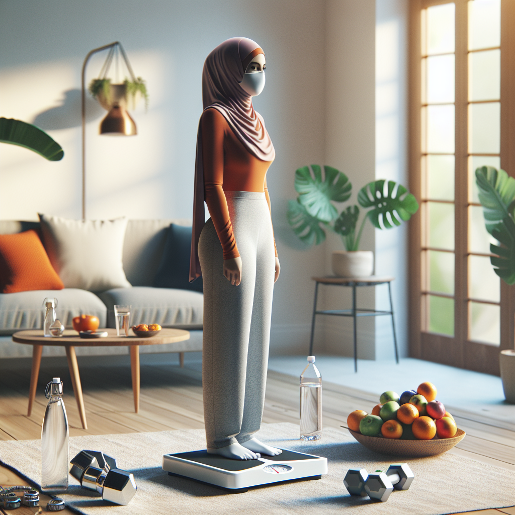 A person standing on a weight scale in a modern, healthy living room setting.