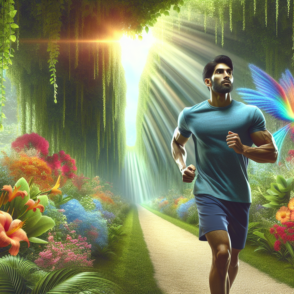 A person jogging on a nature trail surrounded by lush greenery and bright flowers, symbolizing long-term weight management.