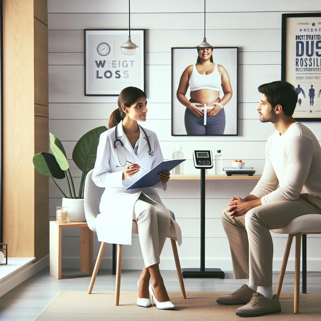 A doctor consulting with a patient about weight loss in a modern, inviting clinic room.