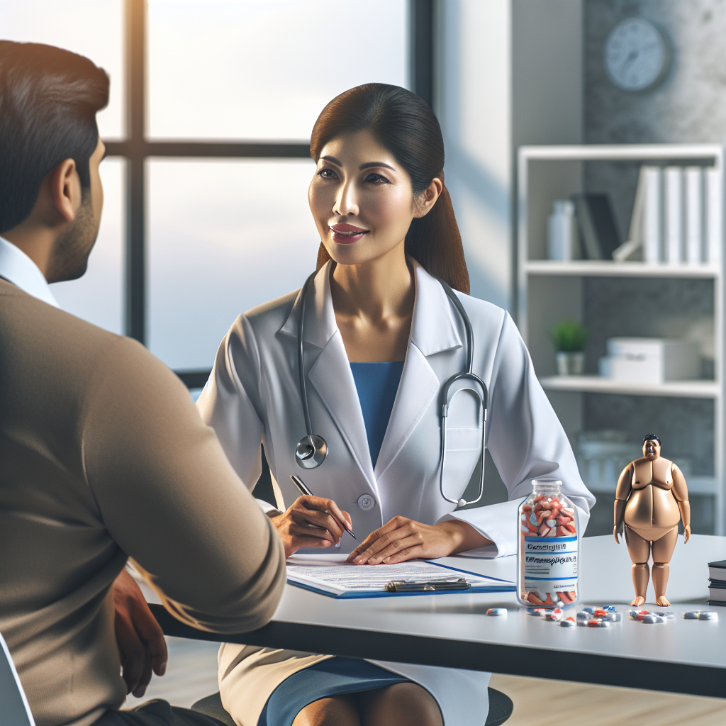 A doctor consulting a patient about medical weight loss solutions in a modern medical office.