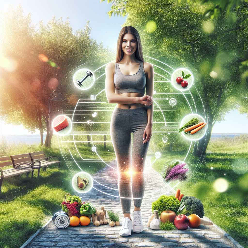 A fit woman in a park surrounded by weight loss symbols like fruits, vegetables, and dumbbells.