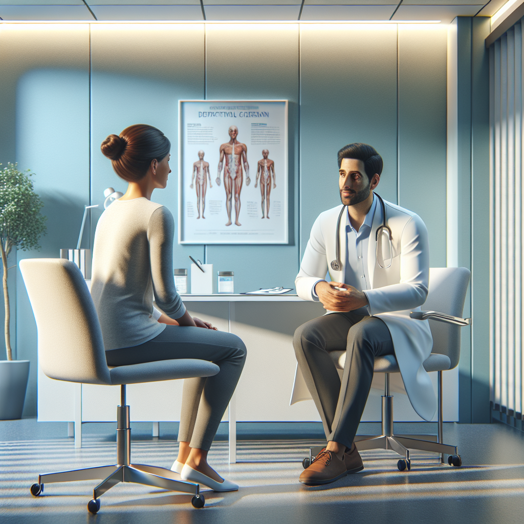 A realistic depiction of a modern doctor's office with a friendly doctor consulting a patient, emphasizing trust and care.