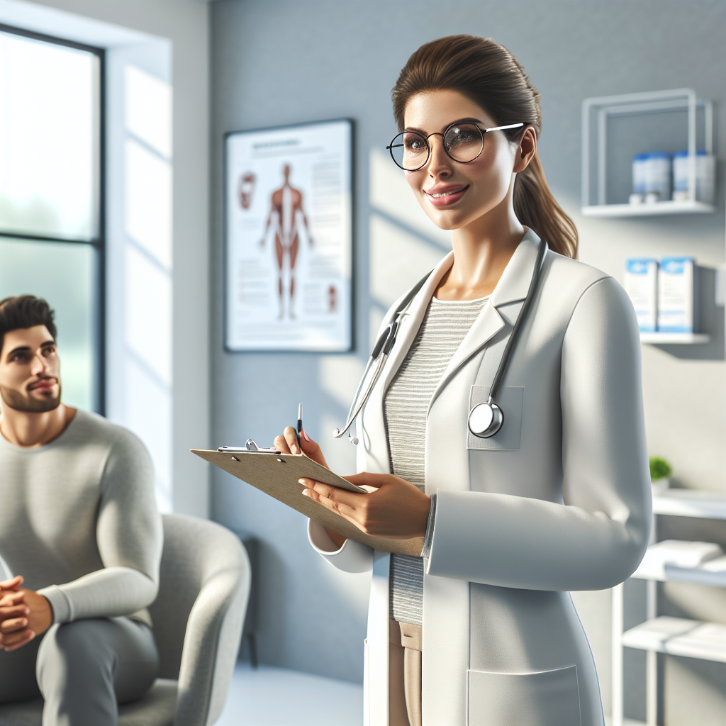 A medical professional discussing medical weight loss solutions with a patient in a modern clinic.