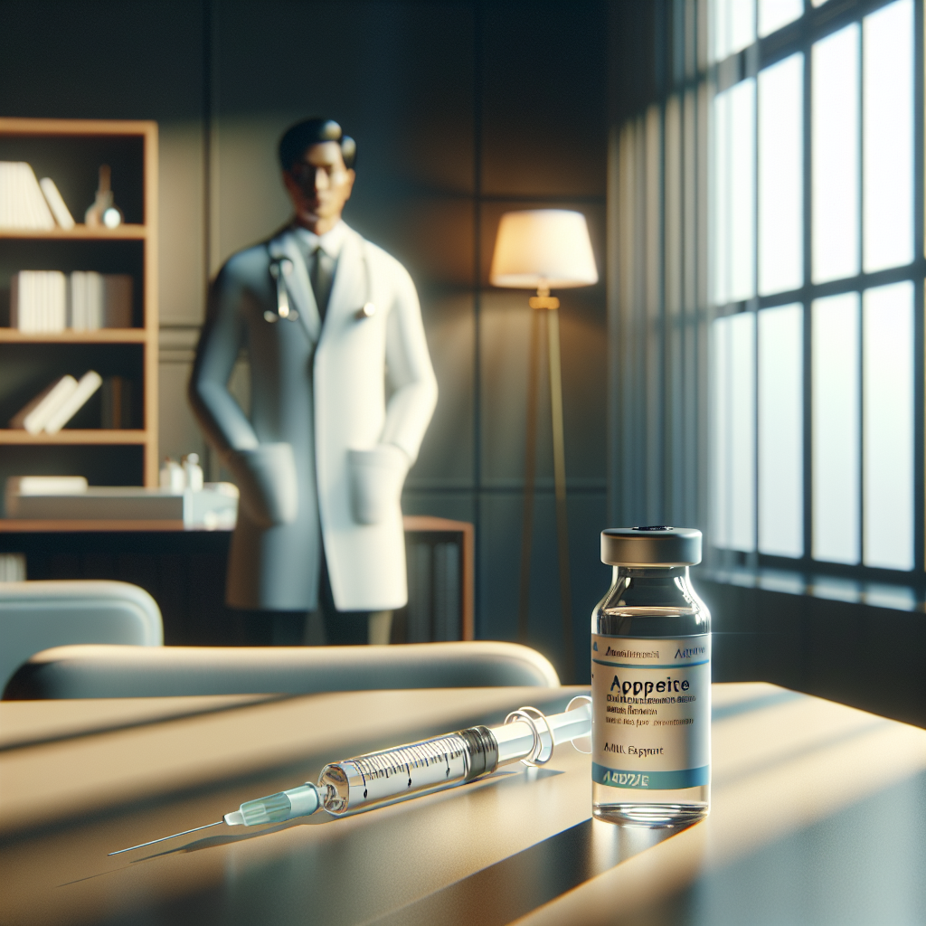 A doctor's clinic featuring a medical vial and syringe for appetite suppressant injections, with a clean, organized background.