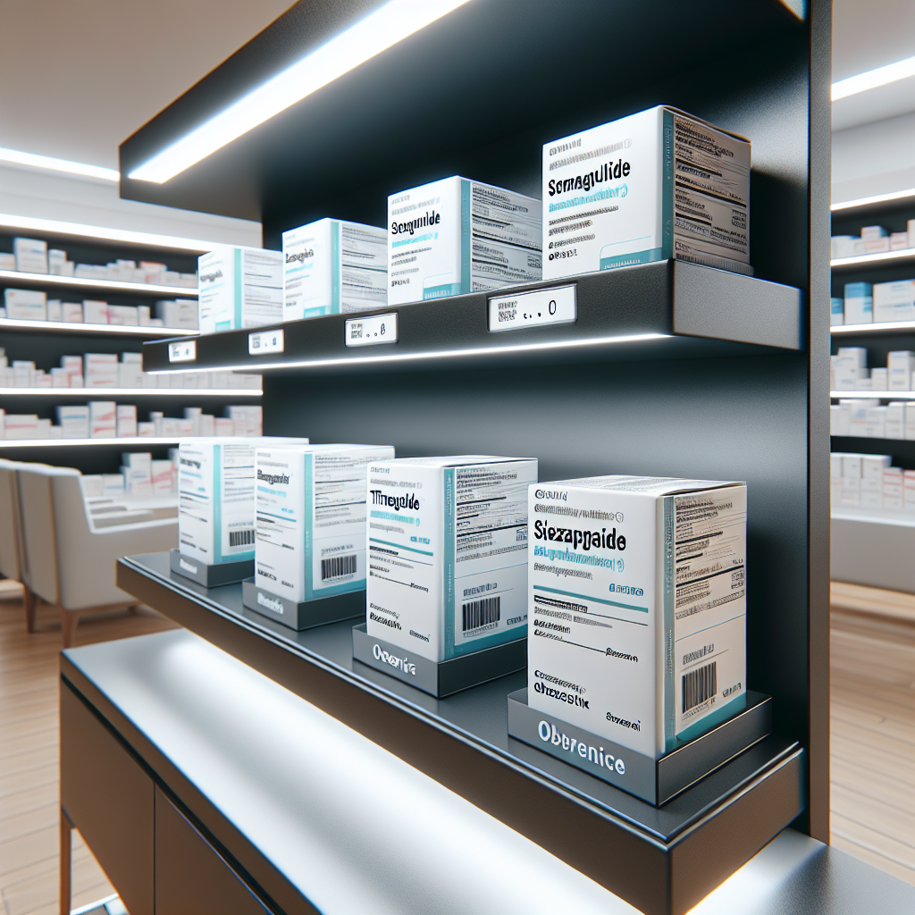 Pharmacy shelf with obesity medication like semaglutide and tirzepatide.