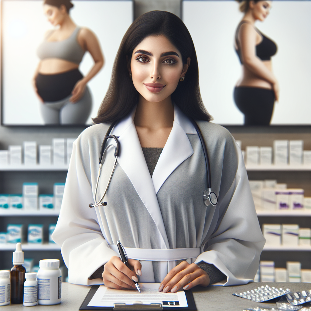 A doctor holding a prescription pad, with medications in the background in a clean, professional medical office.