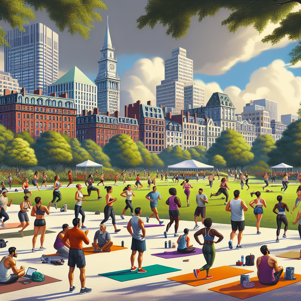 People participating in various weight loss activities in a vibrant New England urban park.