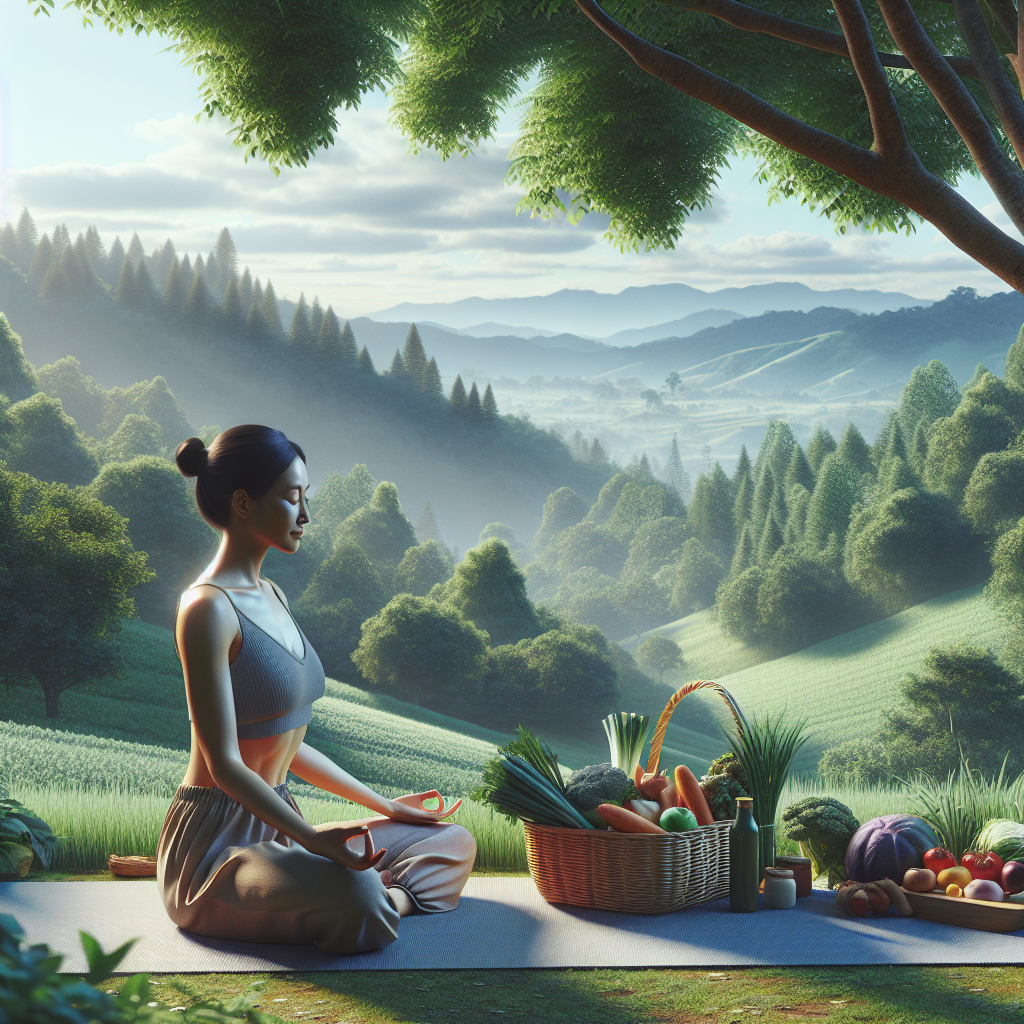 A holistic depiction of weight loss with a woman meditating in nature, surrounded by greenery and a basket of fresh produce.