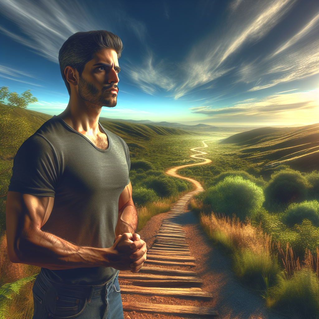 A person standing on a path in a scenic landscape, symbolizing the journey of long-term weight loss.