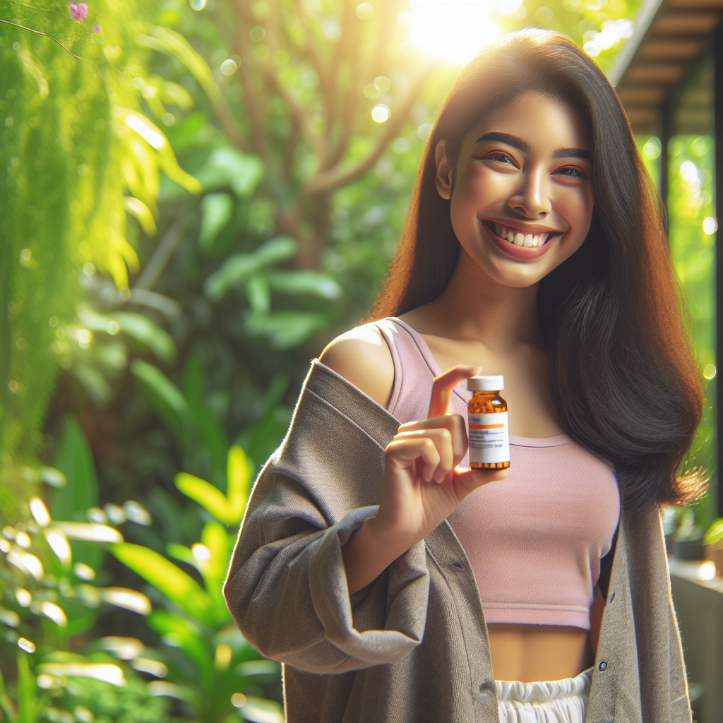 A happy person on a weight loss journey holding medication, depicted in a calm, natural outdoor setting.