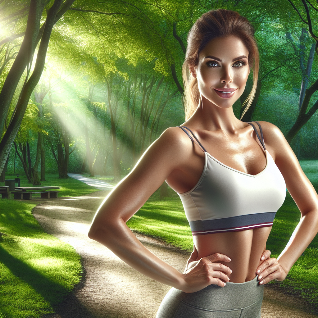 A confident woman in athletic wear, walking in a serene park, representing a weight loss journey.