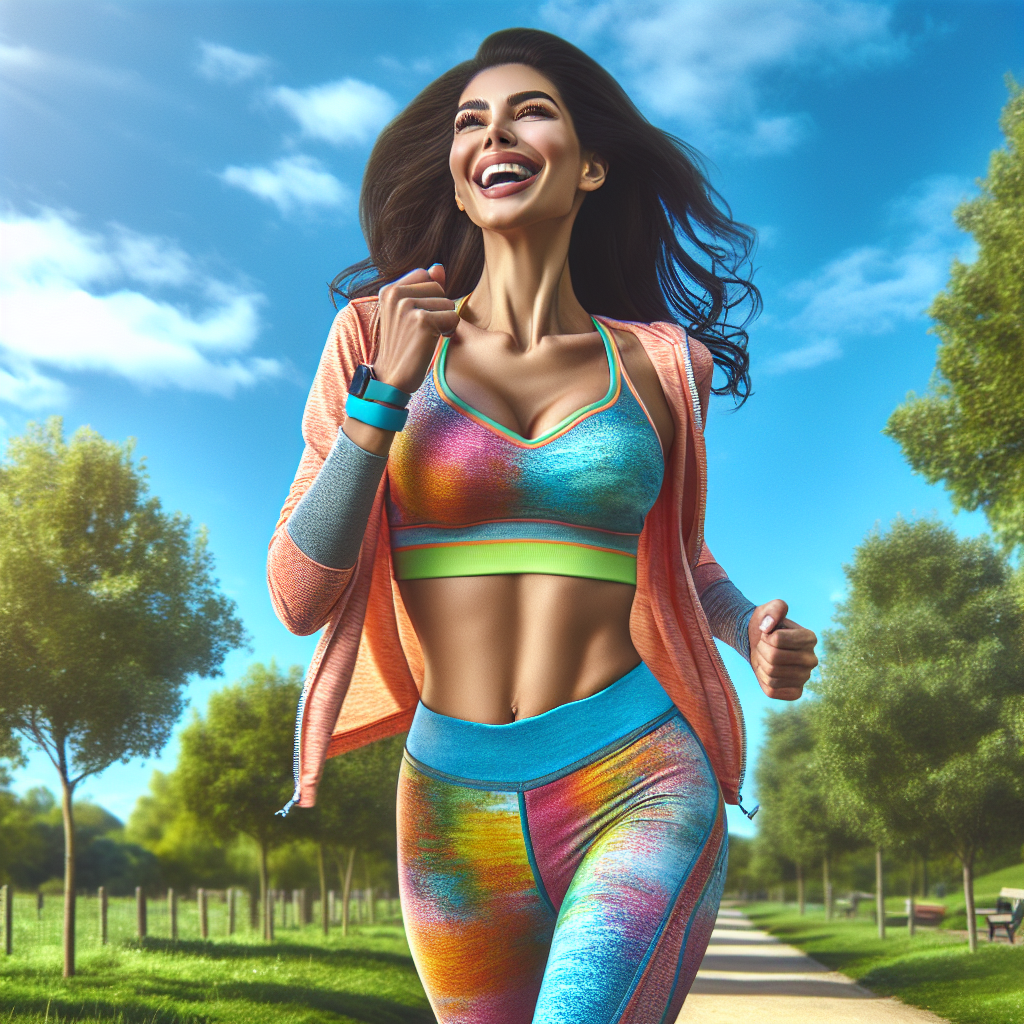 A happy woman in her mid-30s jogging in a sunny park, showcasing health and vitality.