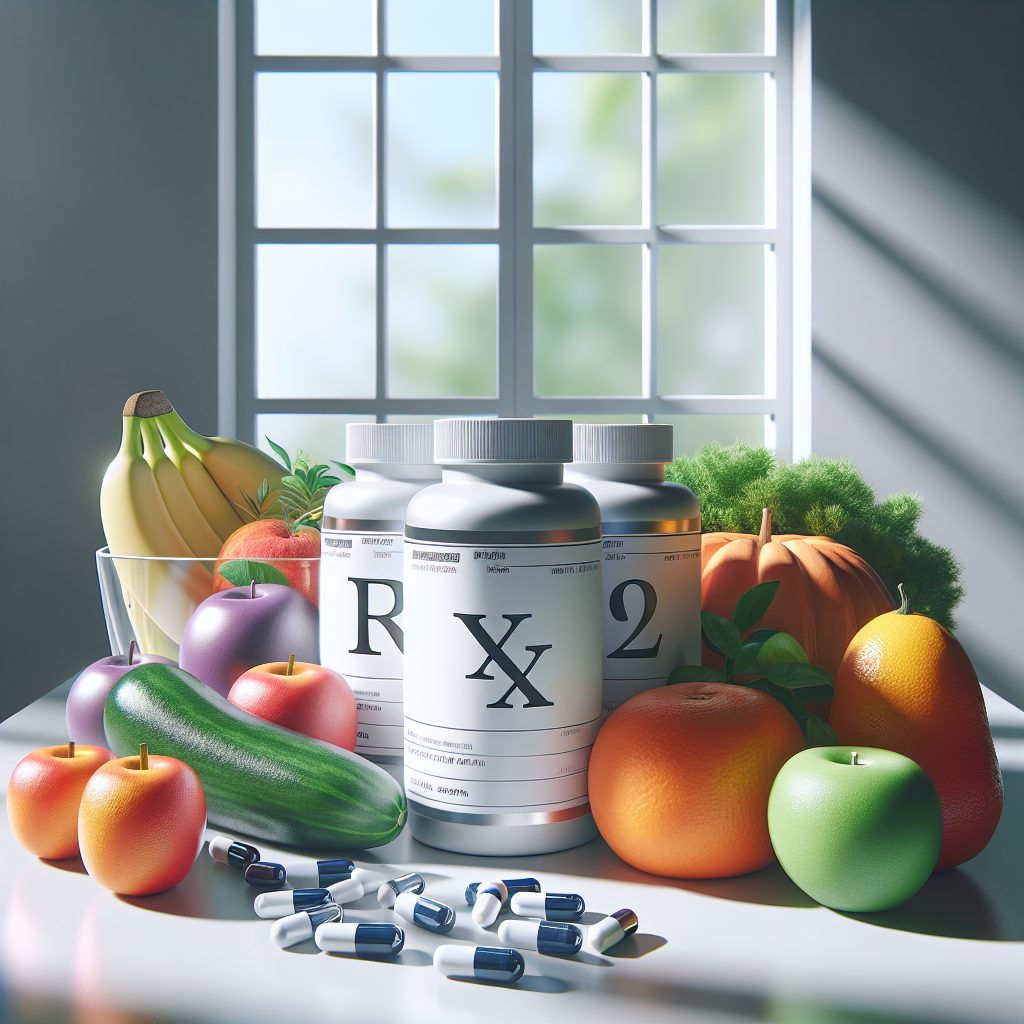 Prescription pill bottles with healthy fruits and vegetables in a modern doctor's office.