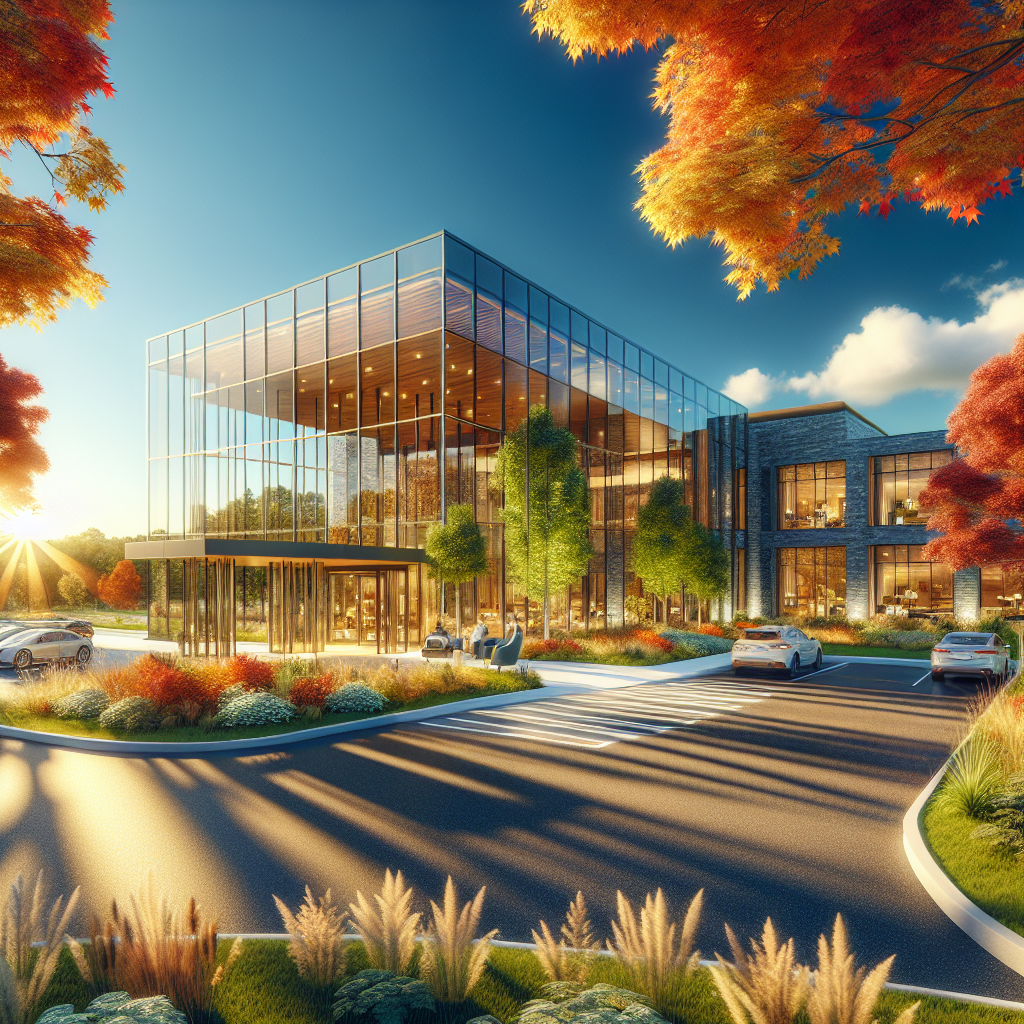 Modern obesity treatment center in autumn New England setting with contemporary architecture.